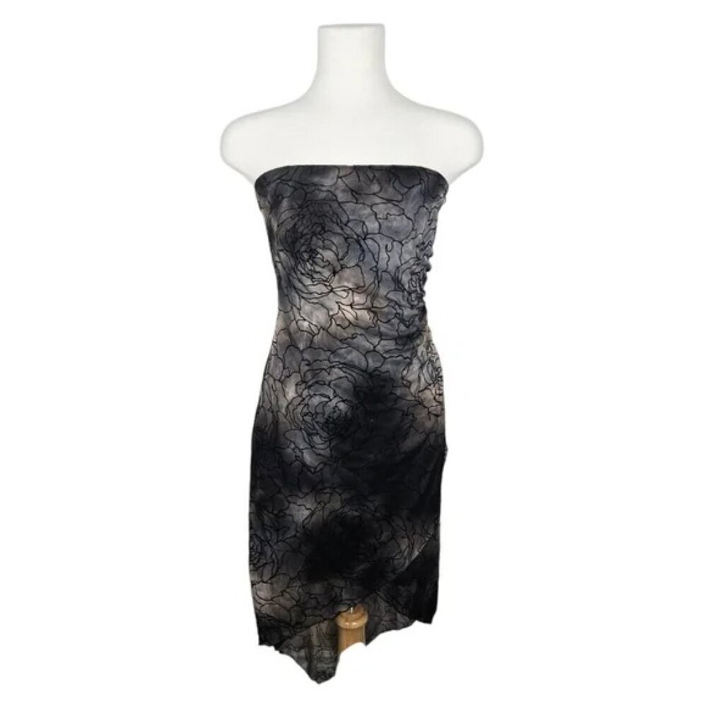 Le Chateau Multicolor Bandeau Strapless Midi Dress With Sheer Floral Overlay Med